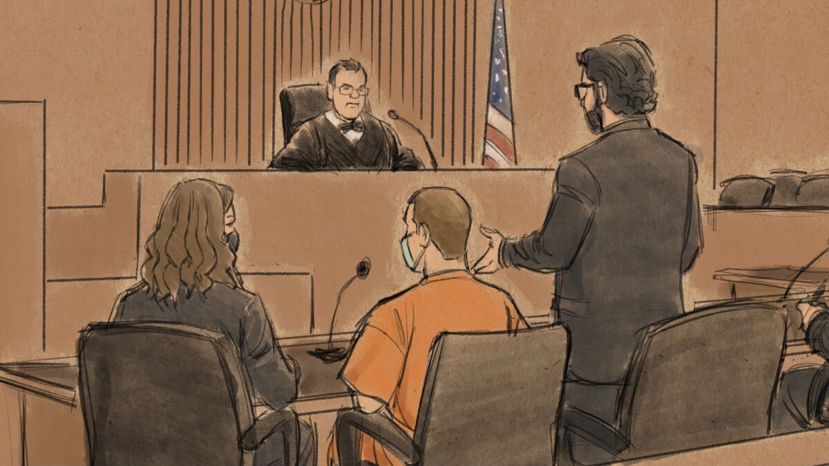 In this courtroom sketch, attorney Eric Nelson, right, speaks to U.S. District Judge Paul Magnuson during a hearing where former Minneapolis police officer Derek Chauvin, center, pleaded guilty to a federal charge of violating George Floyd's civil rights on Wednesday, Dec. 15, 2021 in St. Paul, Min. Chauvin admitted for the first time that he kept his knee on Floyd's neck — even after he became unresponsive — resulting in the Black man's death. (Cedric Hohnstadt via AP)