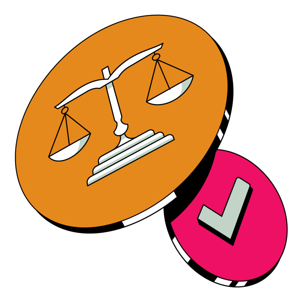 Ilustración de la balanza de la justicia y una marca de verificación.