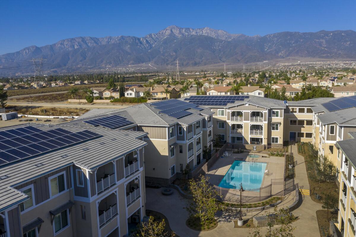 Rooftop solar panels at Day Creek Villas, a senior housing development in Rancho Cucamonga, Calif.