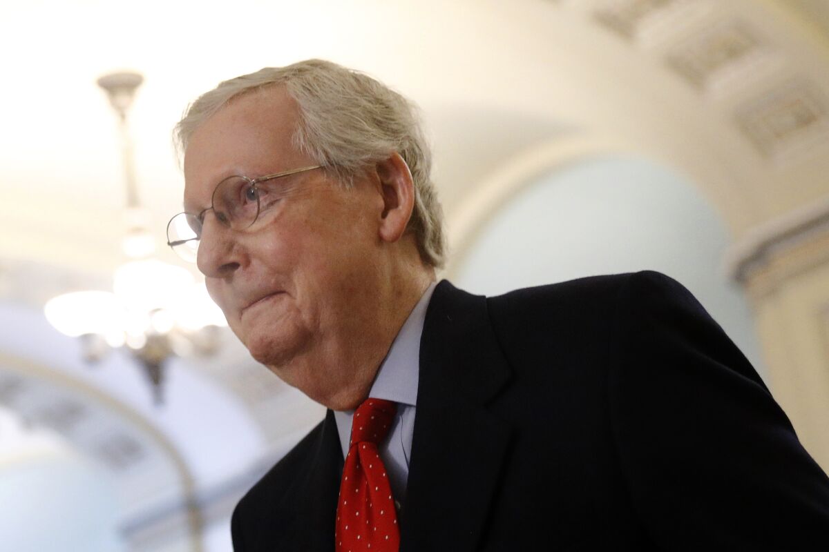 Senate Majority Leader Mitch McConnell (R-Ky.), shown leaving his office April 9, has questioned whether Congress should help states with the budget problems exacerbated by COVID-19.