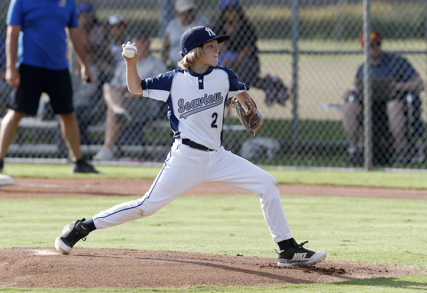 Colin Crinella pitches for Seaview Little League No. 2 against Huntington Valley No. 1 in a District 62 Tournament of Champions Minor A Division quarterfinal game on Tuesday at Costa Mesa American Little League.