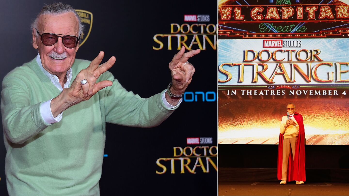 Stan Lee poses for photographers on the red carpet, left, and on stage at the world premiere of Marvel Studios' "Doctor Strange" in Los Angeles in 2016.
