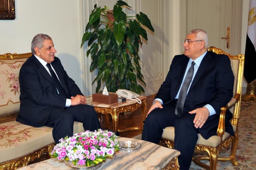 Egypt's interim President Adly Mansour, right, meets with Prime Minister Ibrahim Mahlab at the presidential palace in Cairo in February.