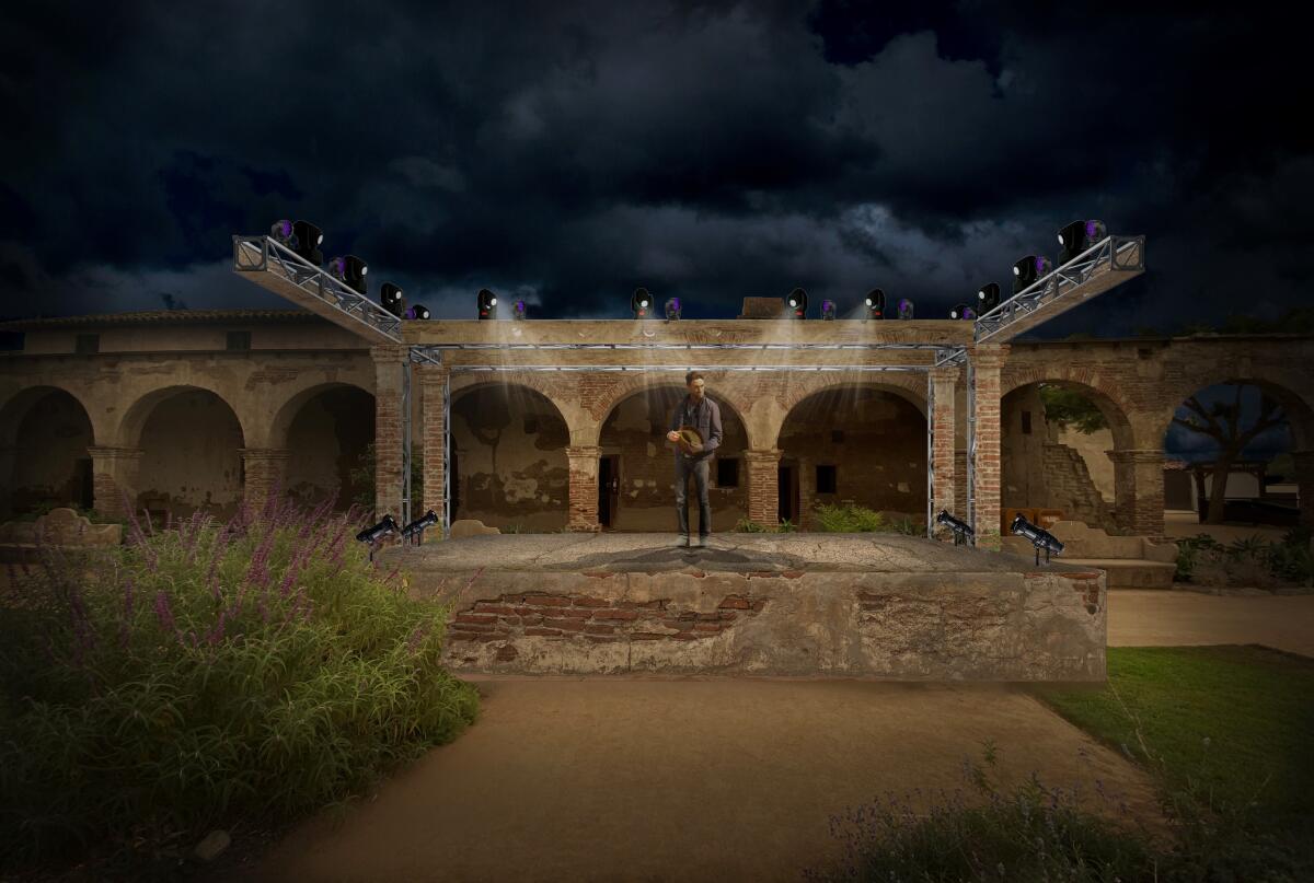 A digital rendering of an outdoor stage at Mission San Juan Capistrano.