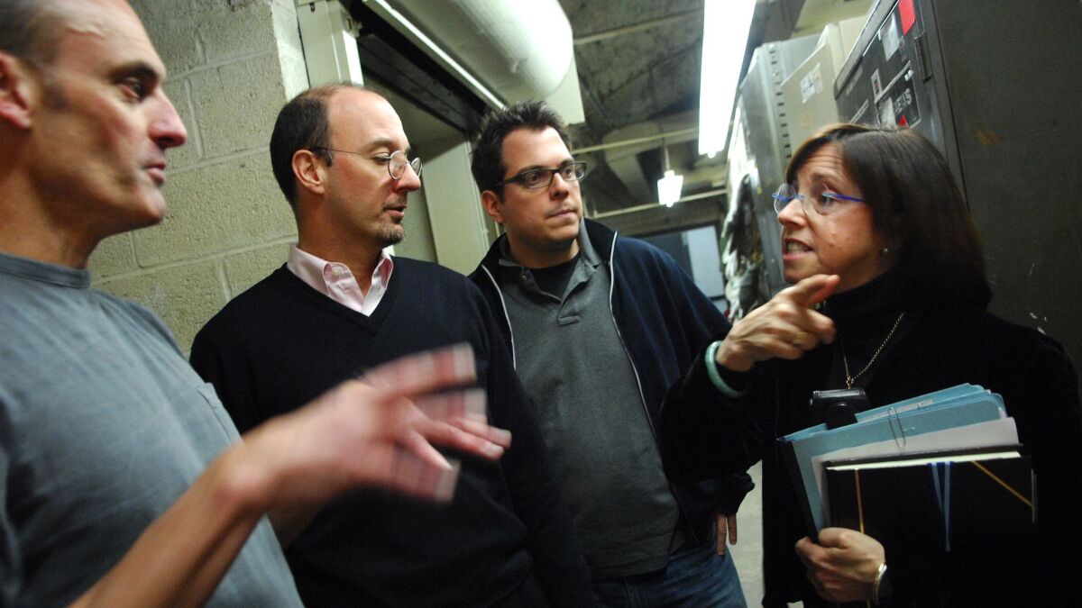 "48 Hours" executive producer Susan Zirinsky, right, is seen with producer Chuck Stevenson, senior producer Anthony Batson and editor Tommy Costantino at the CBS Broadcast Center in 2007.