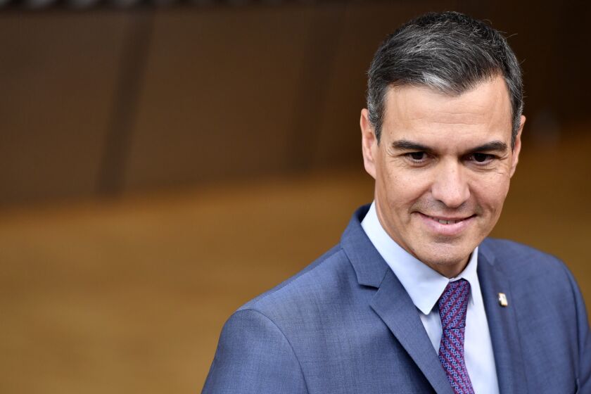 FILE - Spain's Prime Minister Pedro Sanchez arrives for an EU summit in Brussels, on Oct. 20, 2022. Sanchez travels to Rabat on Wednesday along with 12 ministers for a two-day meet with Moroccan government officials, as part of the European country’s strategy to improve historically complex relations with its neighbor across the Strait of Gibraltar. (AP Photo/Geert Vanden Wijngaert, File)