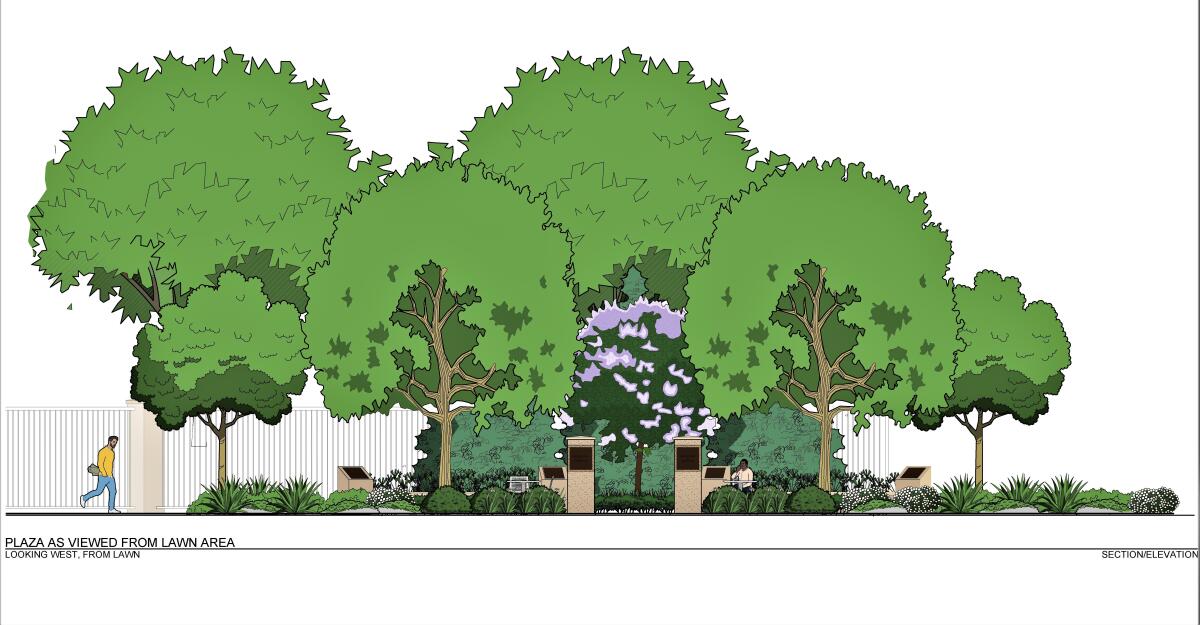 A rendering of a "Serenity Walk" that will be built outside the Heroes Hall Museum on Costa Mesa's O.C. fairgrounds in 2023.