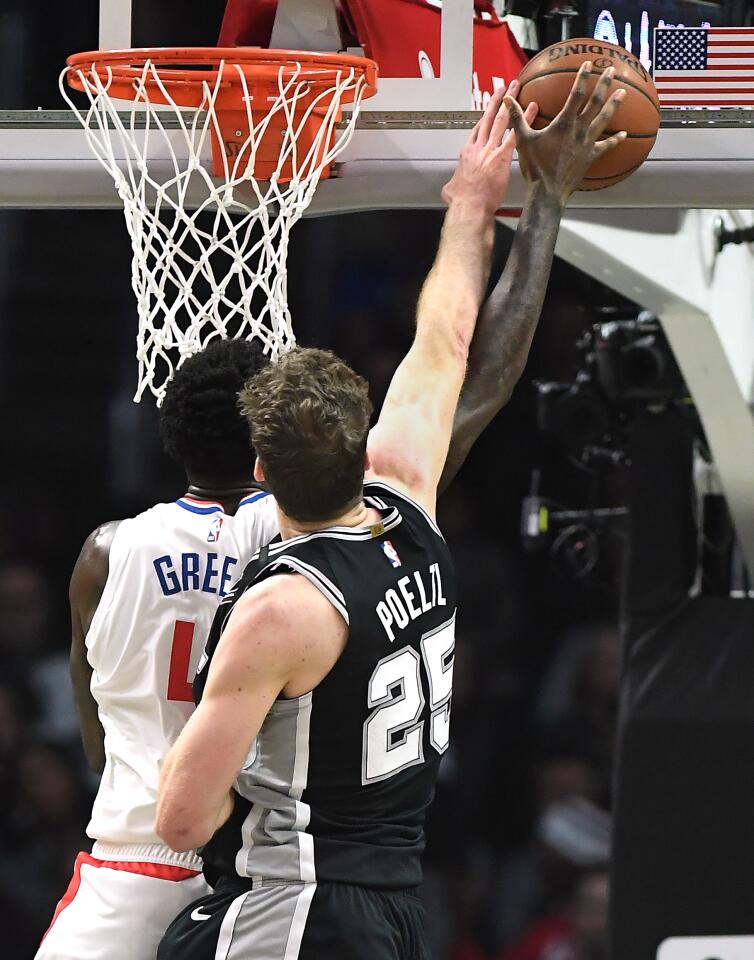 Spurs center Jakob Poeltl blocks a shot by Clippers forward JaMychal Green during the first half.