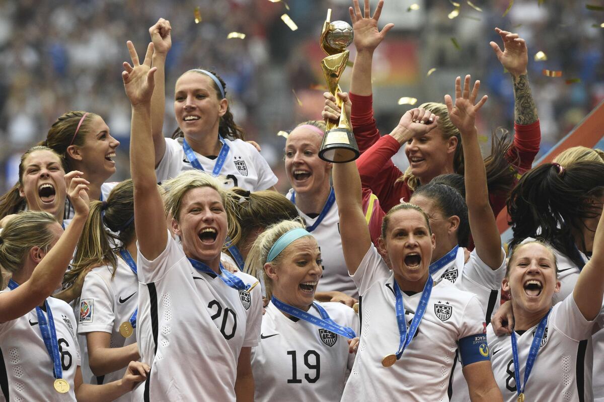 U.S. players celebrate after their victory over the Japanese squad in the Women's World Cup final on July 5.