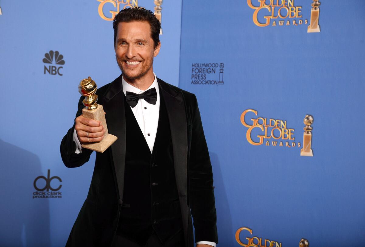 Matthew McConaughey is all smiles after his win for lead actor in a motion picture drama at the Golden Globe Awards on Sunday night.