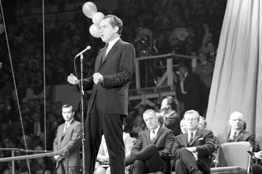 Presidential candidate Richard Nixon addresses supporters during a campaign rally at Madison Square Garden, New York, New York, October 31, 1968.