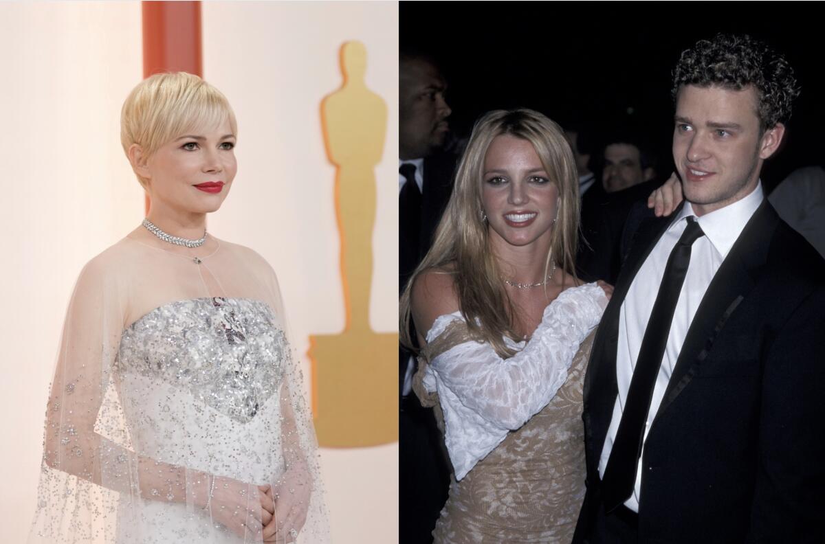 Michelle Williams poses in a white and silver gown. Another photo shows a young Britney Spears and Justin Timberlake.