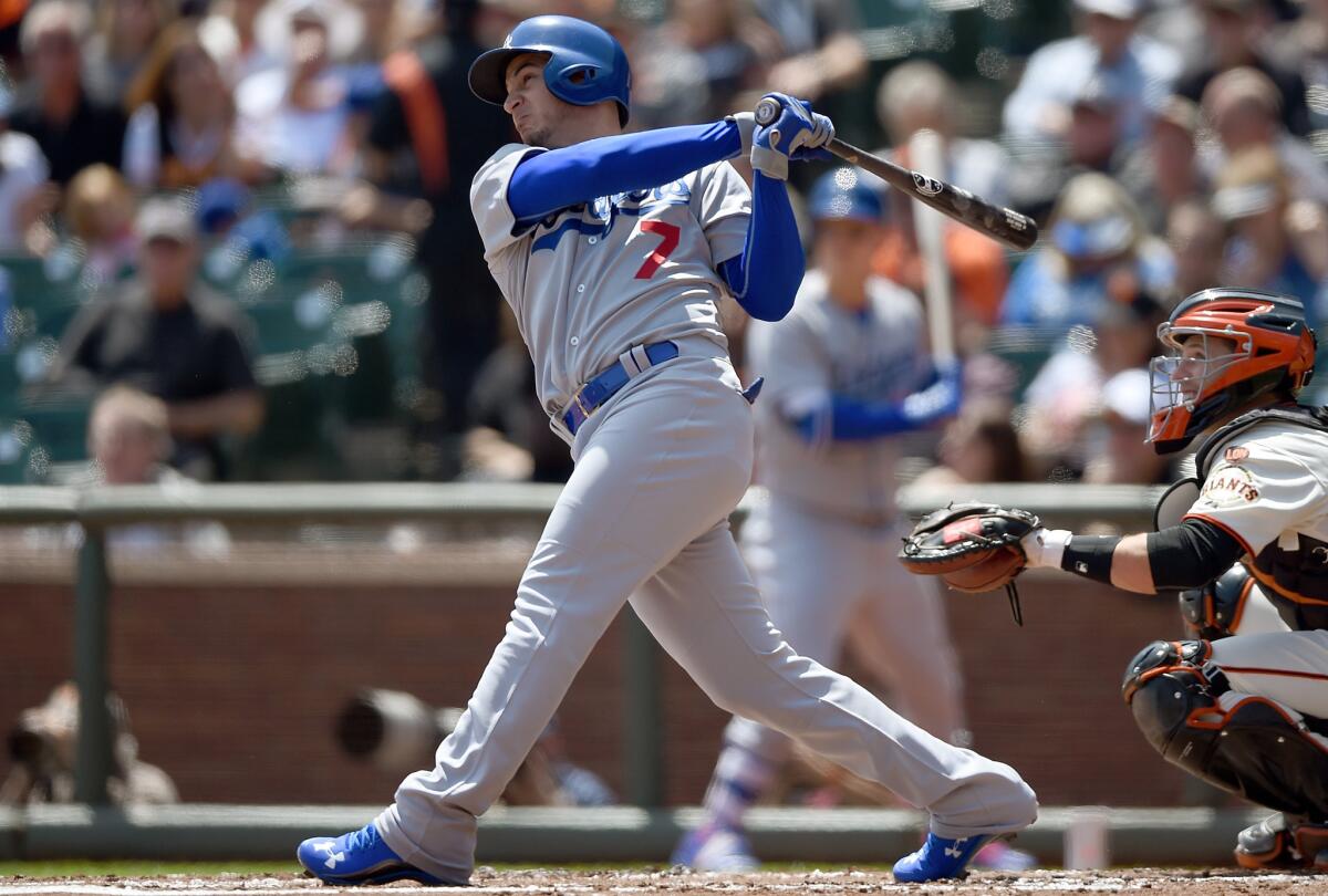 Dodgers infielder Alex Guerrero hits a solo home run against the Giants in the second inning -- his second homer in as many days.