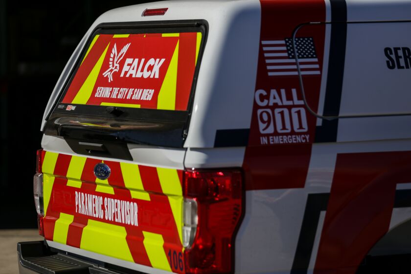 The new Falck paramedic supervisor F250 seen displayed in front of the San Diego Fire-Rescue Logistics Division at Kearny Mesa on Saturday, Nov. 27, 2021. The company just started its operation as San Diego’s ambulance provider.