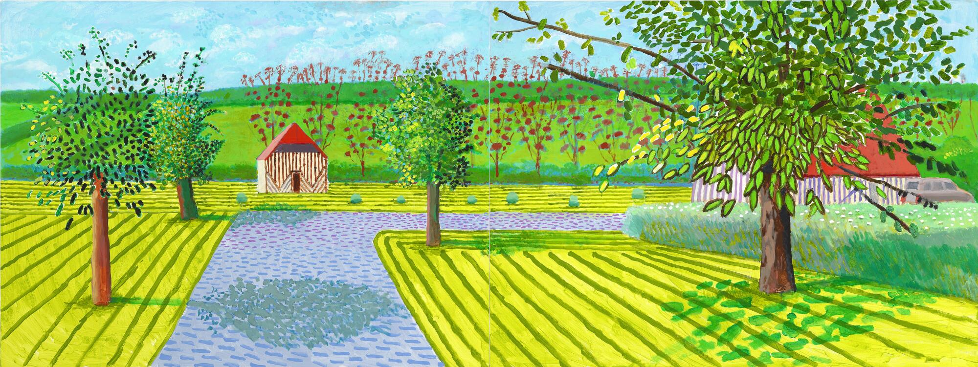 A Hockney work shows a path that takes a right turn, bordered by leafy and flowering trees and outbuildings.