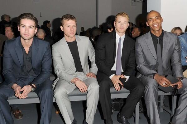 From left, actors Chace Crawford, Ryan Phillippe, Kellan Lutz and Mehcad Brooks attend the Calvin Klein Men's Collection fall 2010 Fashion Show.