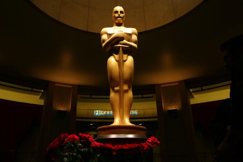An Oscar statue as preparations are made for the 87th Academy Awards in Los Angeles on Feb. 21, 2015.