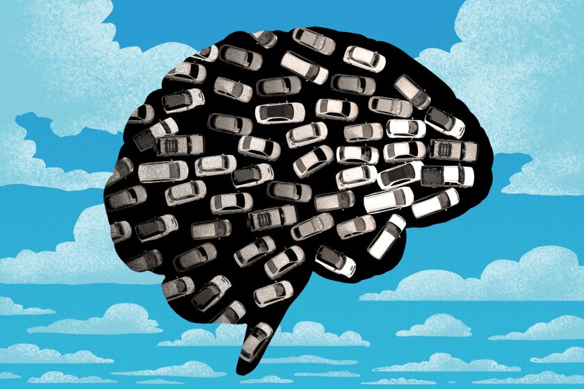 Illustration: a silhouette of a brain is floating in the sky. Inside the brain, several cars in gridlock converge.