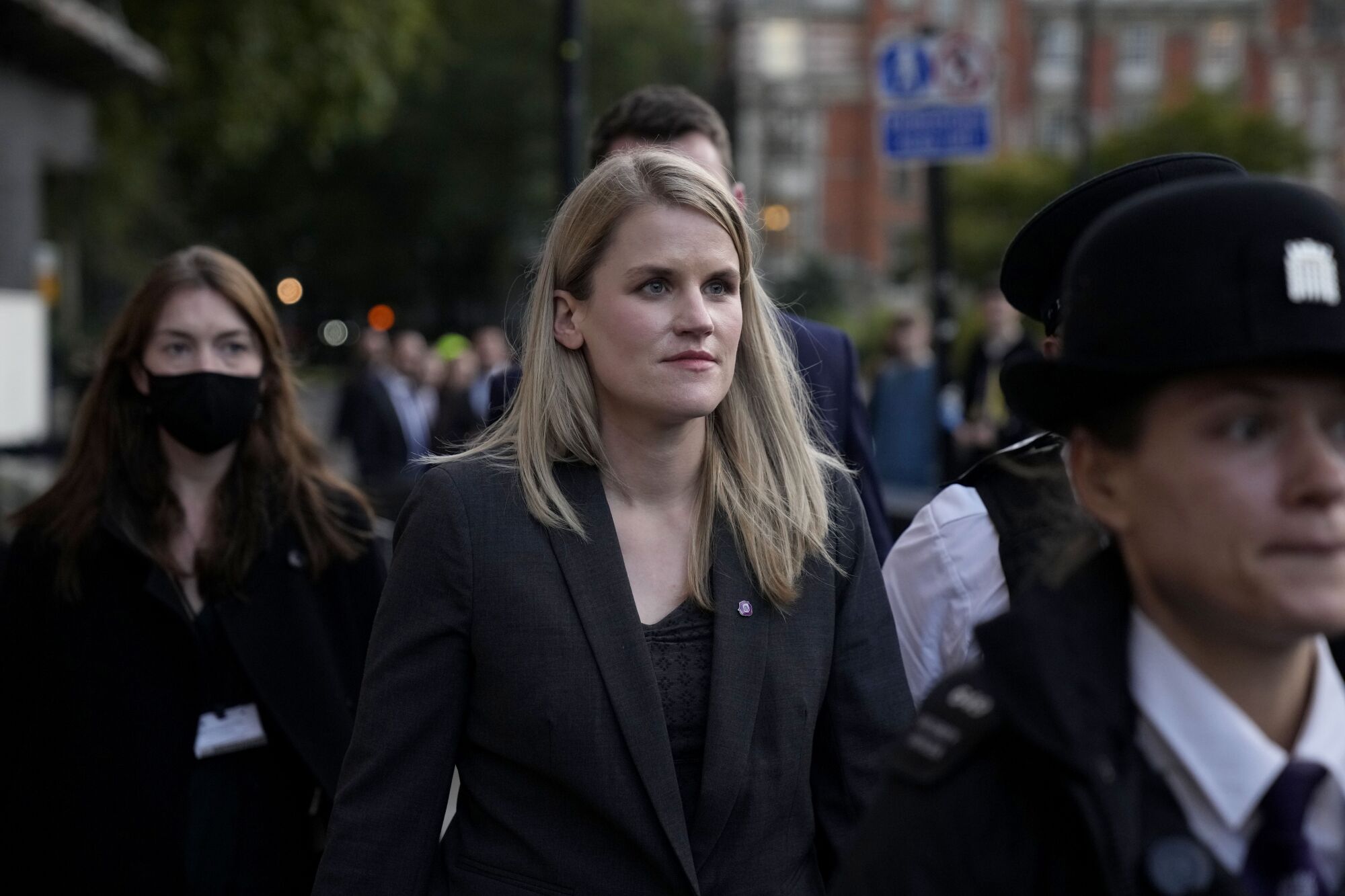 Facebook whistleblower Frances Haugen leaves after giving evidence at the Houses of Parliament in London.