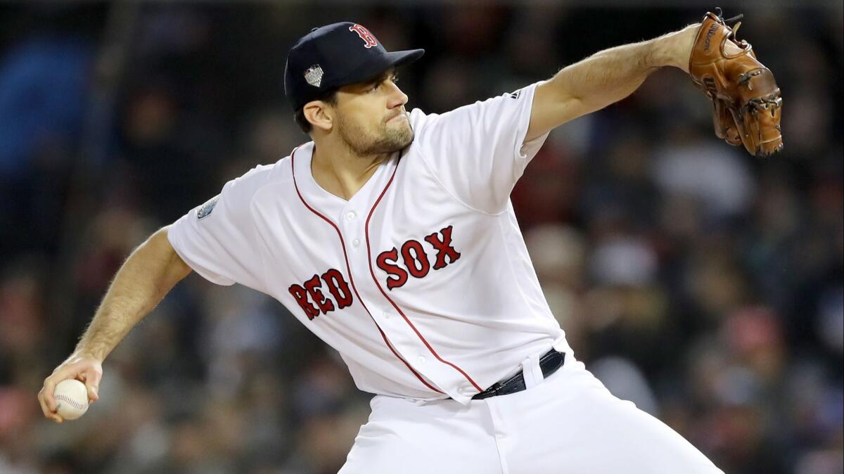Boston's Nathan Eovaldi, who was drafted by the Dodgers in 2008, pitches against the Dodgers during Game 2 of the World Series.