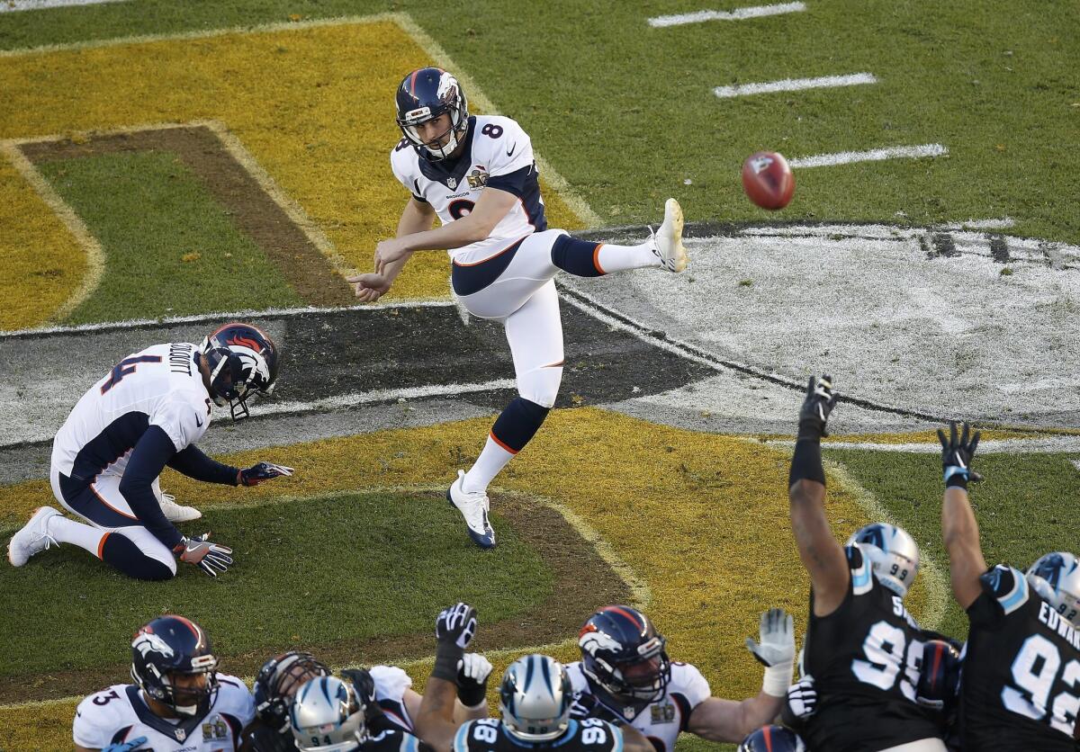Denver's Brandon McManus kicks an extra point during Super Bowl 50.