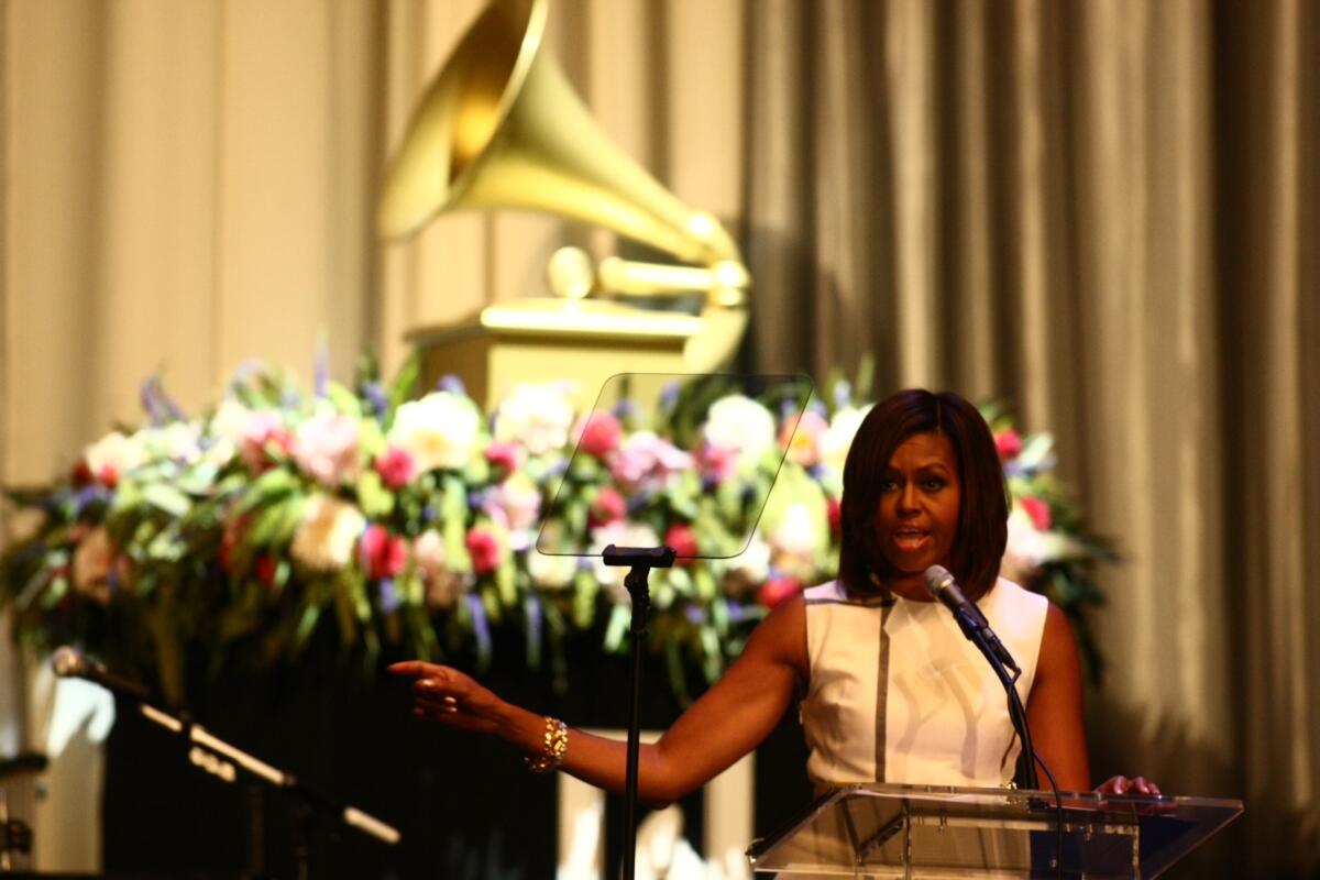 First Lady Michelle Obama gave the keynote speech at a Grammy Museum event to salute teachers who use music in innovative ways as part of their lessons at Club Nokia in Los Angeles.