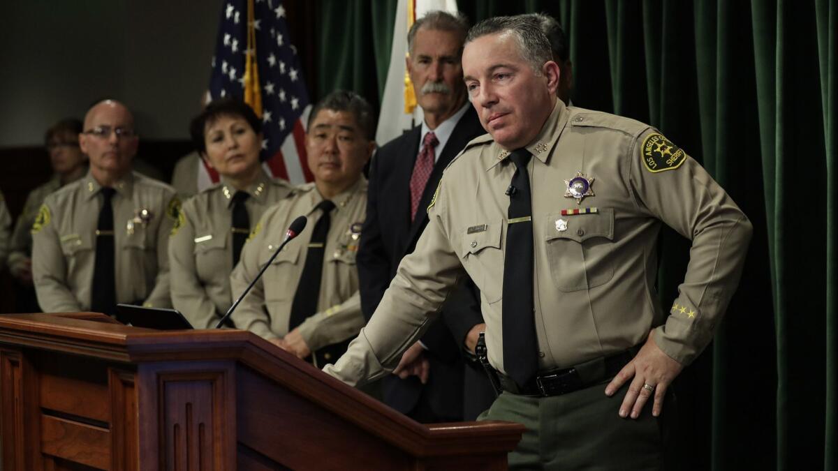 Los Angeles County Sheriff Alex Villanueva, who was sworn in last month, holds a press conference in Los Angeles on Jan. 30.