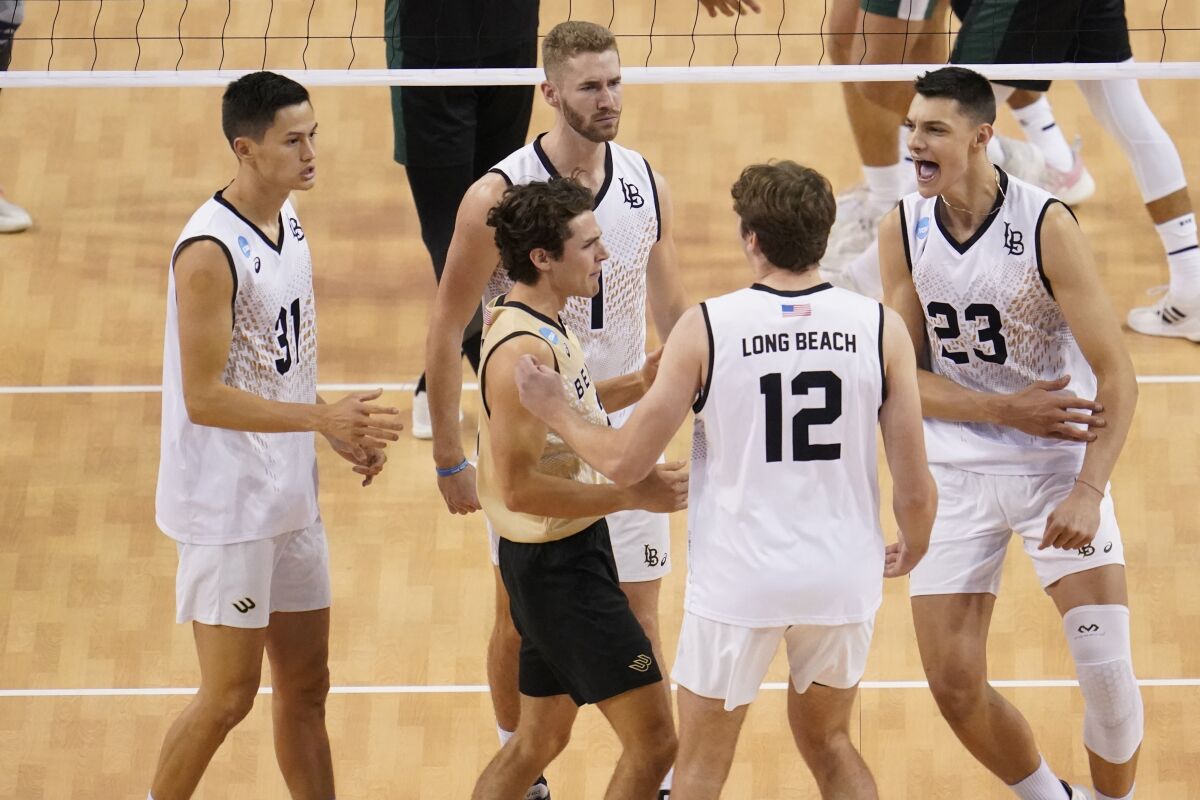 Long Beach State players are fired up after earning a point against Hawaii during the NCAA men's volleyball title match.
