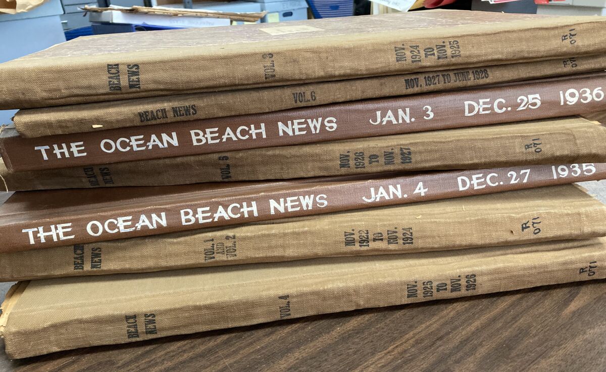 These bound volumes are part of the Ocean Beach Historical Society’s collection of The Beach News and The Ocean Beach News.