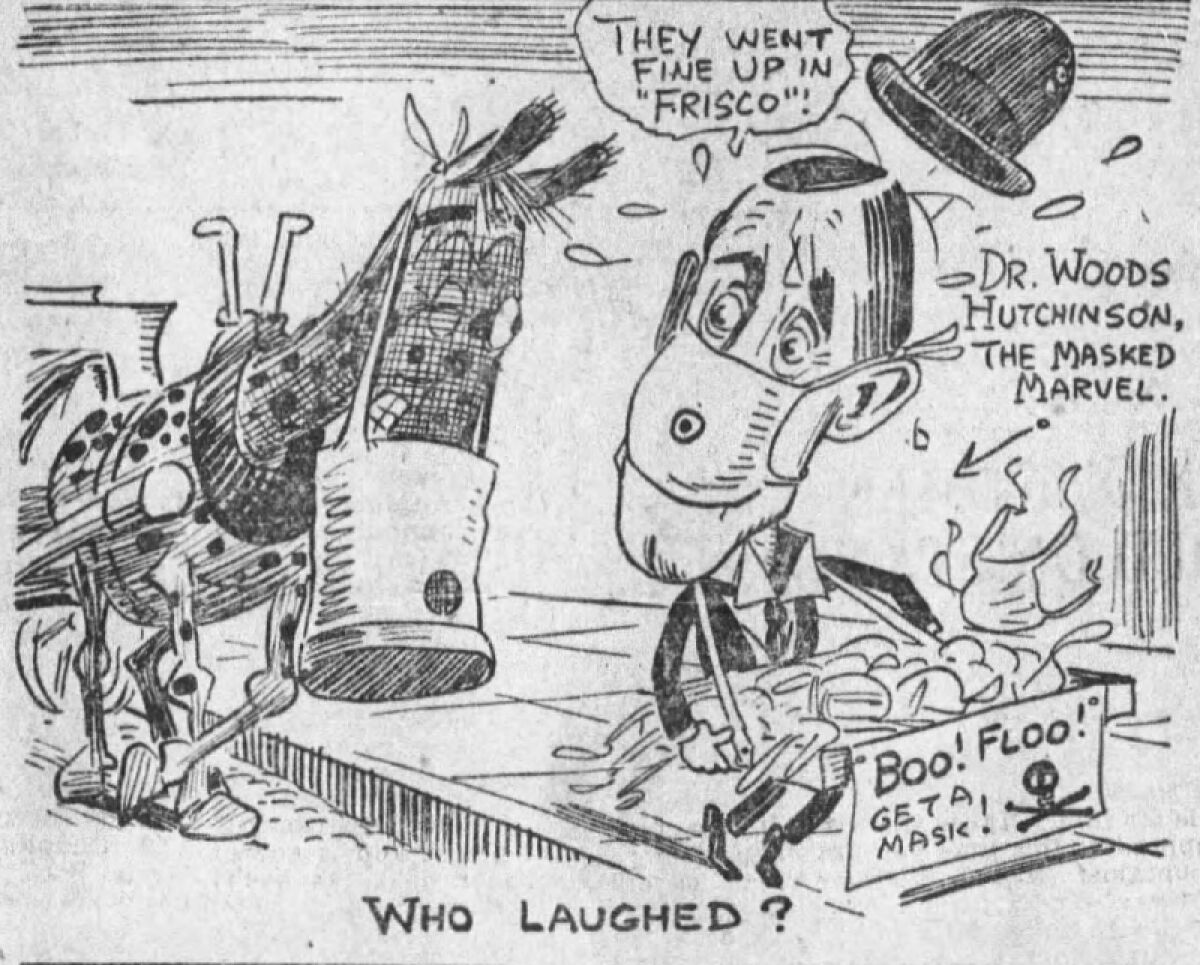 A Nov. 9, 1918, L.A. Times editorial cartoon mocking a pro-mask advocate. 