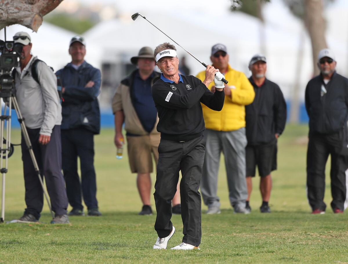 Bernhard Langer watches his approach shot to the 16th hole during the opening round of last year's Hoag Classic.