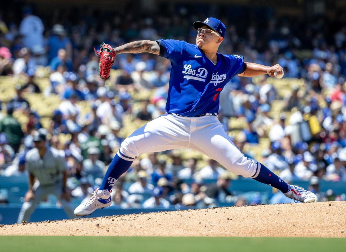 Dodgers starting pitcher Julio Urías during the fourth inning of an 8-3 win over the Colorado Rockies at Dodger Stadium.