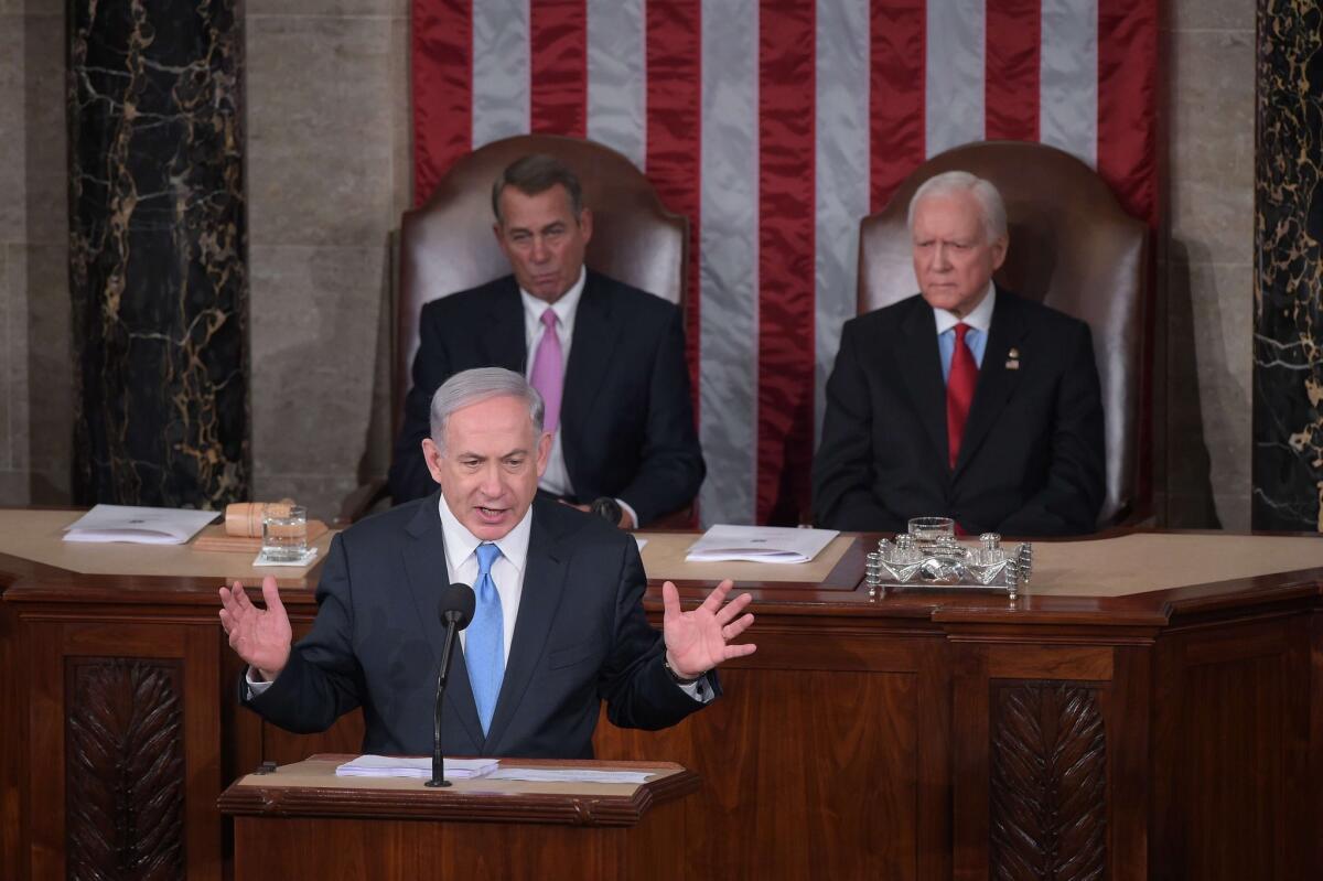 Israeli Prime Minister Benjamin Netanyahu addresses a joint session of Congress on Tuesday.