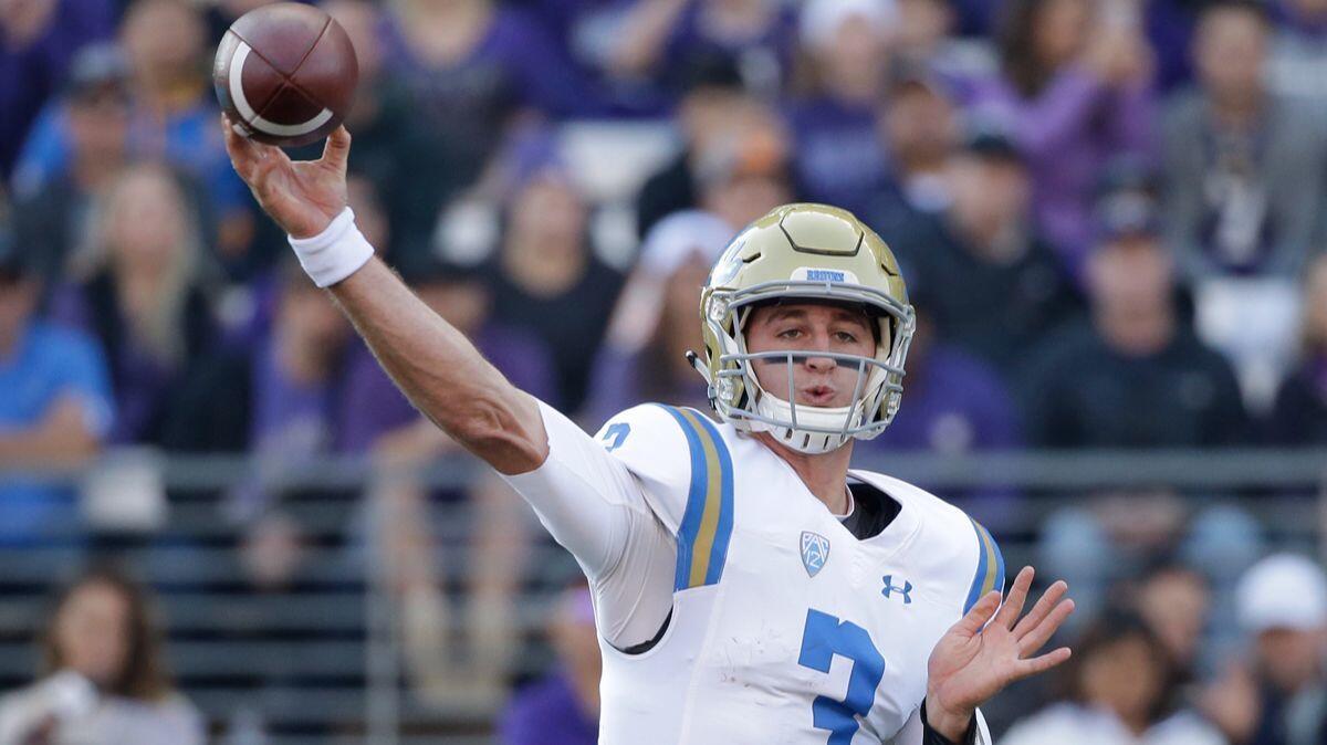 UCLA's Josh Rosen, throwing a pass against Washington on Oct. 28, has been sidelined since that game but is back at practice and expected to play Saturday.