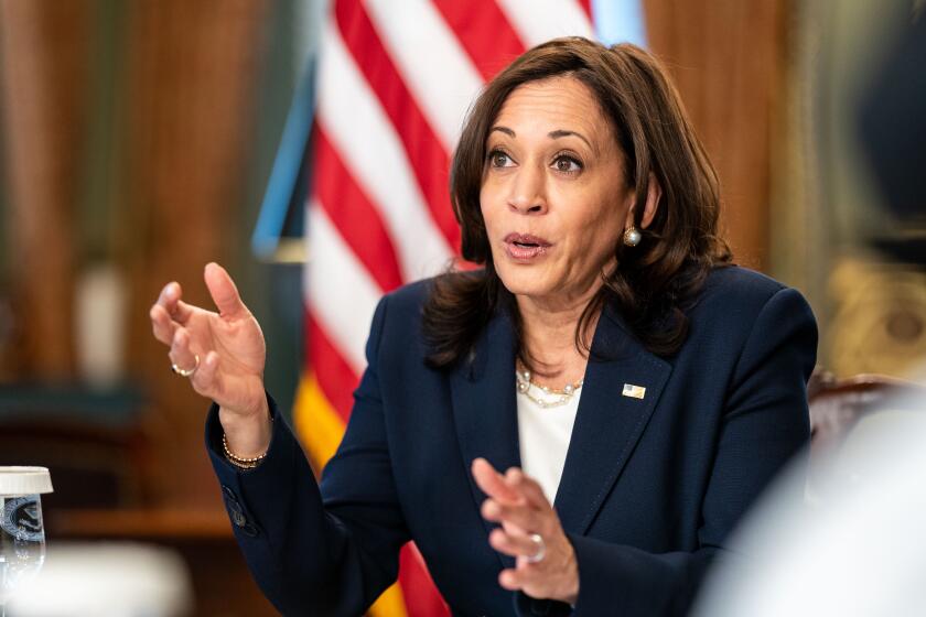 WASHINGTON, DC - APRIL 26: Vice President Kamala Harris holds a virtual bilateral meeting with His Excellency Alejandro Giammattei, President of the Republic of Guatemala in the Vice President's Ceremonial Office in the Eisenhower Executive Office Building on Monday, April 26, 2021 in Washington, DC. (Kent Nishimura / Los Angeles Times)