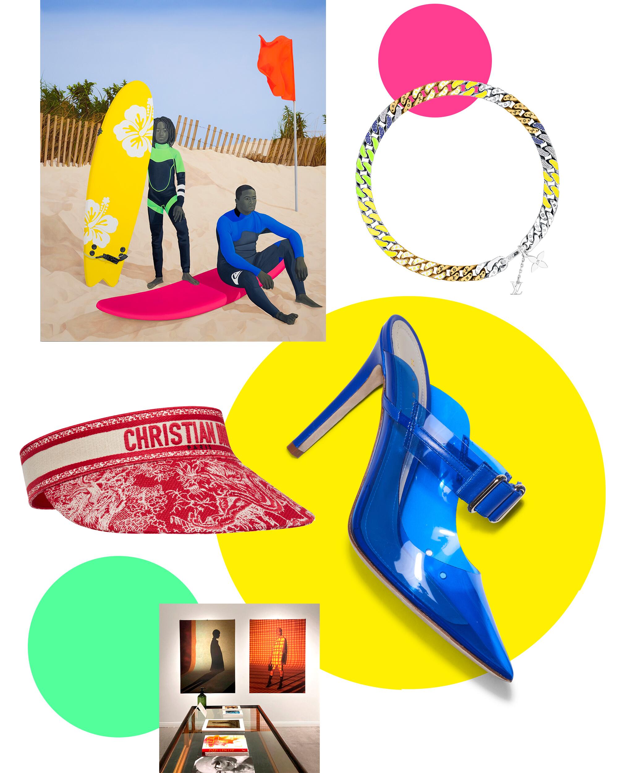 Collage of luxury items, an Amy Sherald painting of two Black surfers on a beach, a Dries Van Noten installation