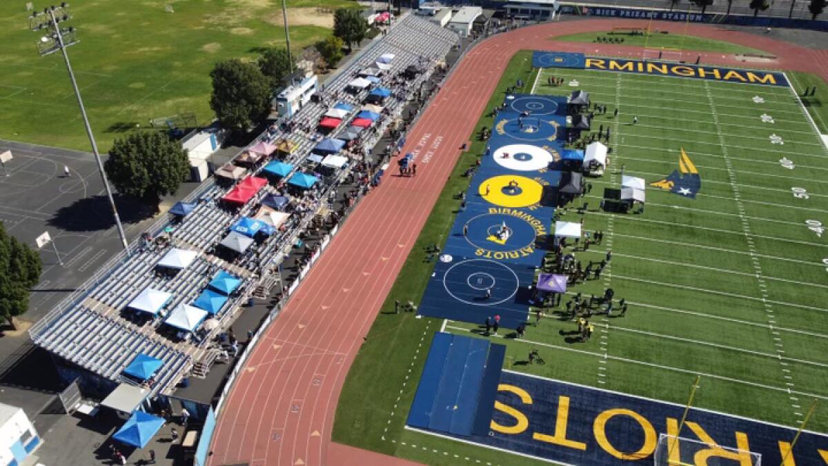 An aerial view of the wrestling mats at Birmingham High for the City Section championships.