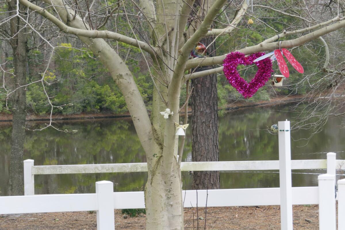 Un corazón cuelga de un árbol junto al río Toms en Toms River, Nueva Jersey, el 21 de febrero de 2023.