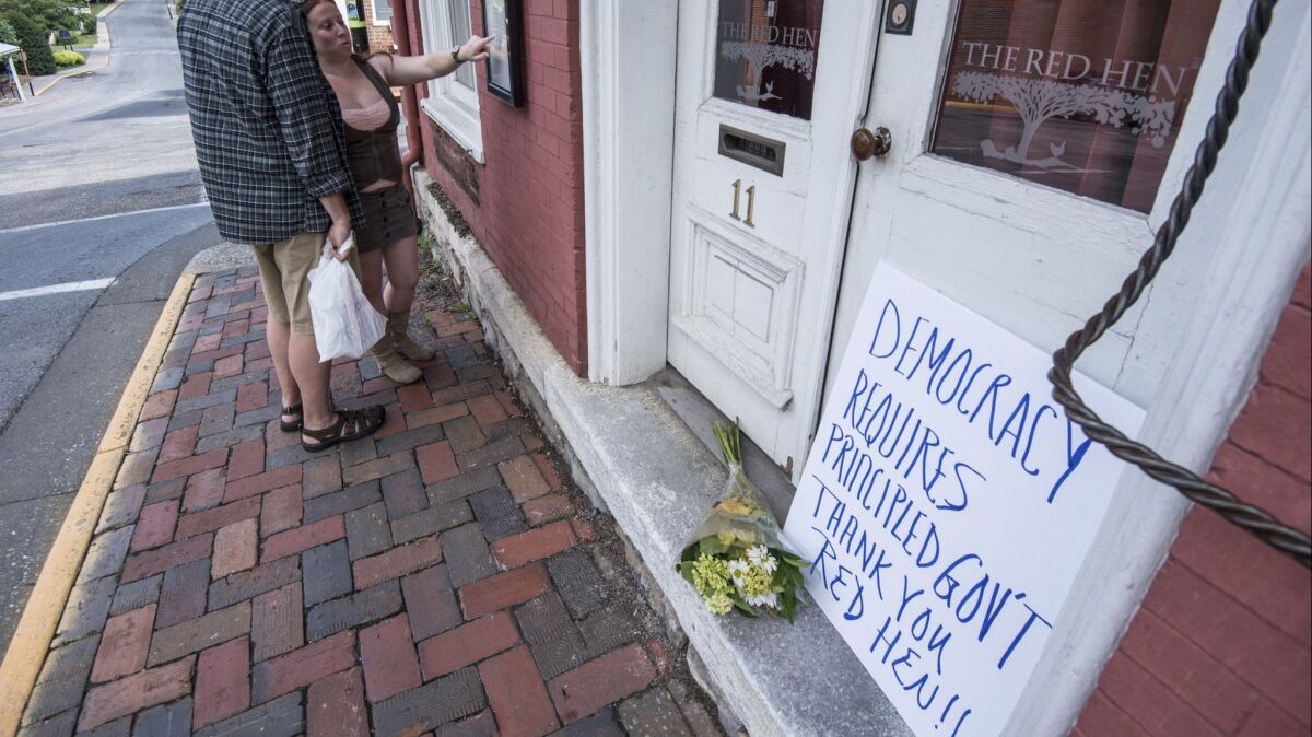 The Red Hen Restaurant in Lexington, Va., where White House press secretary Sarah Sanders said in a tweet that she was booted because she works for President Donald Trump.