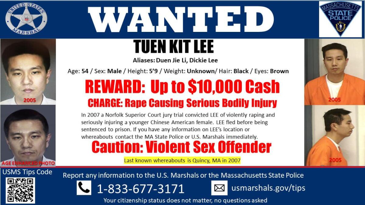 A wanted poster distributed by Massachusetts State Police for Tuen Kit Lee