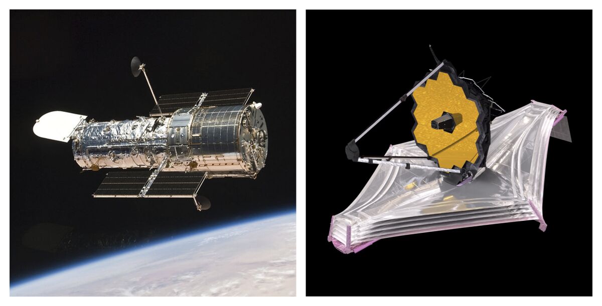 An image showing a tube-shaped metal spacecraft and one showing a kite-shaped one mounted with a sunshield