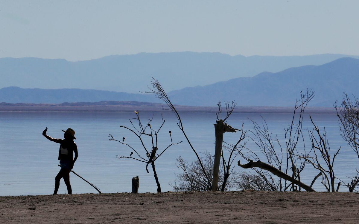 A visitor takes a selfie beside public art in Bombay Beach, a tiny community on the Salton Sea in California.