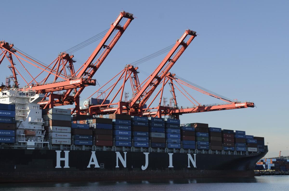A Hanjin ship loads in the Port of Long Beach in 2010.