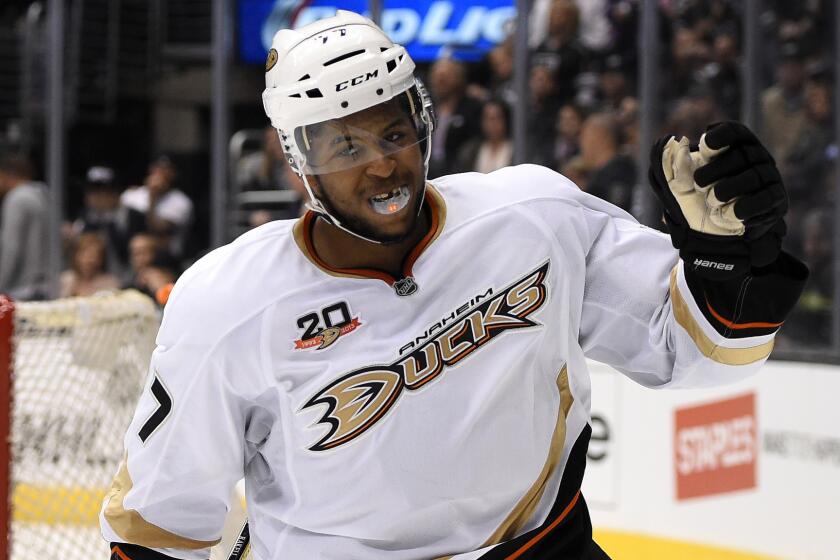 Ducks forward Devante Smith-Pelly celebrates after scoring a shootout goal against the Kings on April 12.