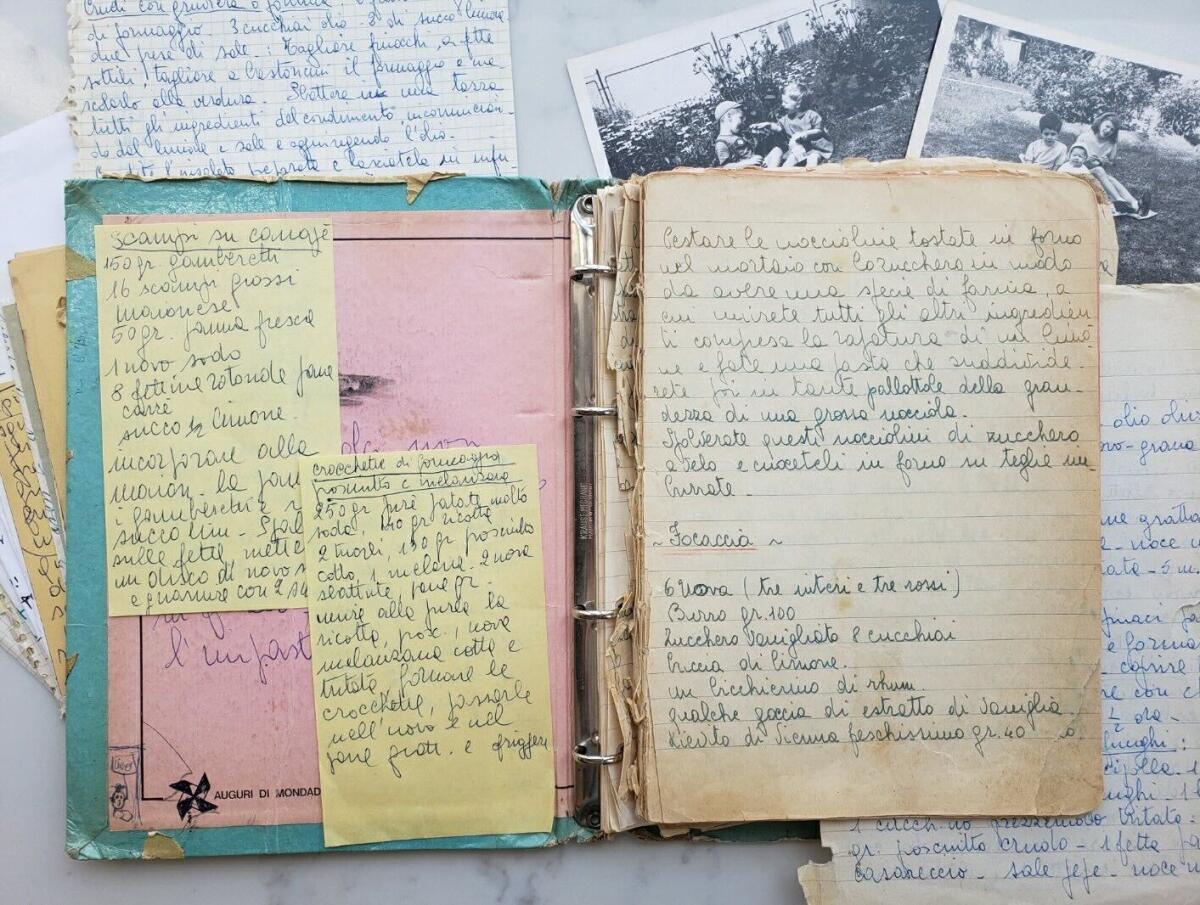 a photo of the open diary, recipes scribbled on white, pink and yellow pages