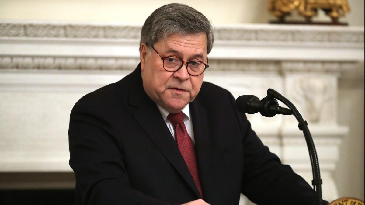 Atty. Gen. William Barr addresses a meeting of the National Assn. of Attorneys General at the White House on March 4.