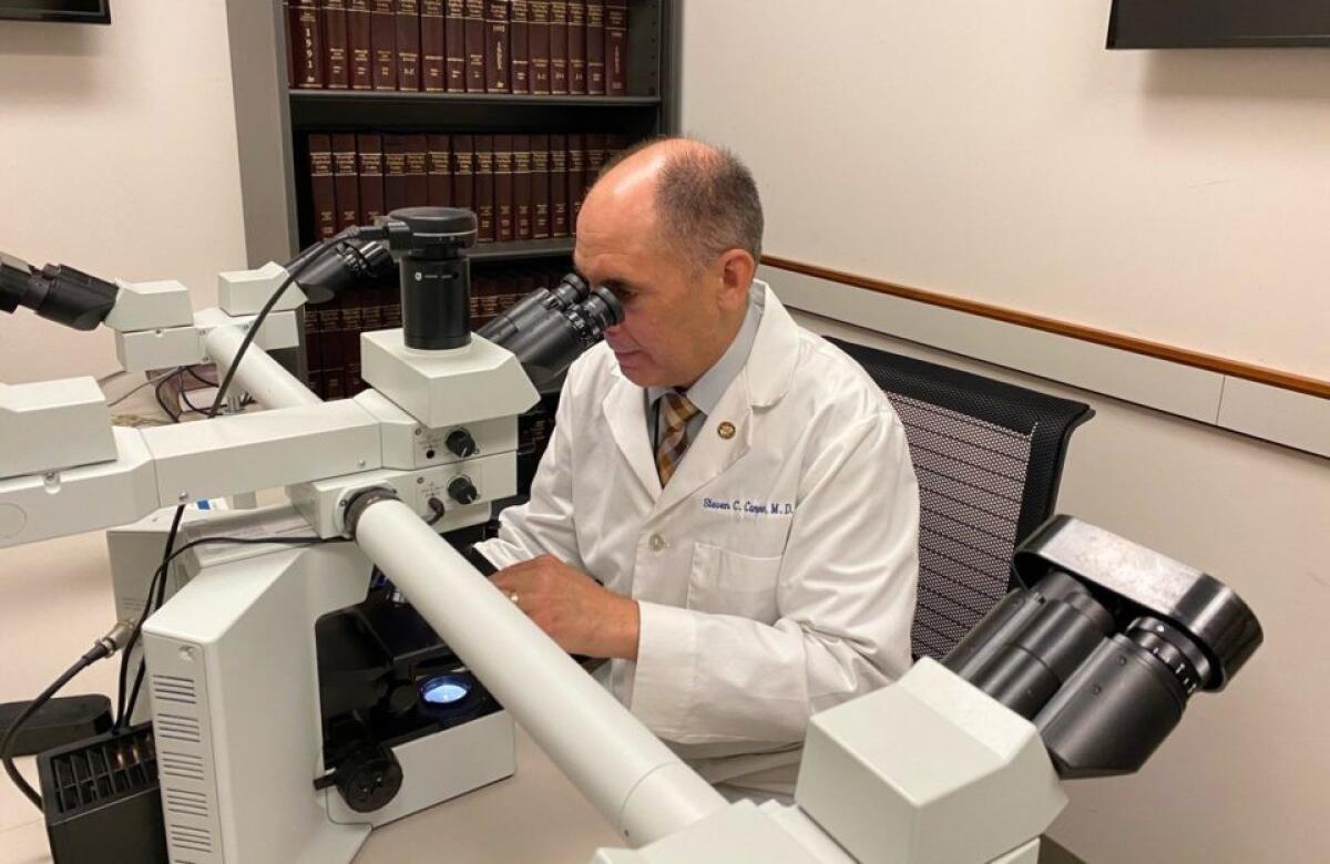 Steven Campman, San Diego County's Chief Medical Examiner, peers into a microscope.
