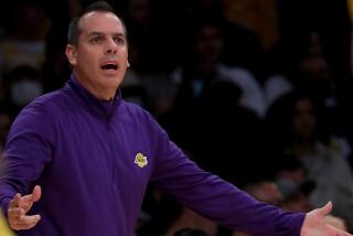 LOS ANGELES, CALIF. - NOV. 4, 2021. Frank Vogel coaches along the sideline in the fourth quarter.