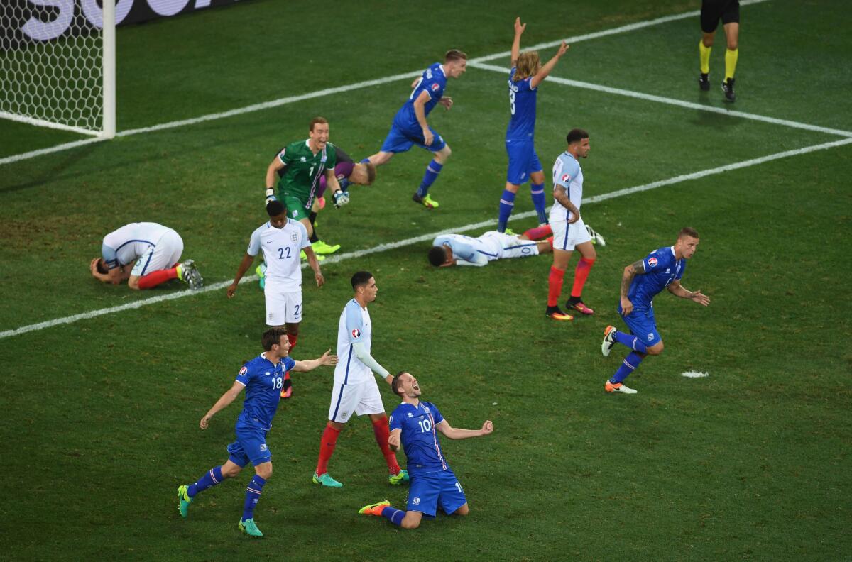 Iceland defeats England 2-1 in the Euro 2016 round of 16 match.