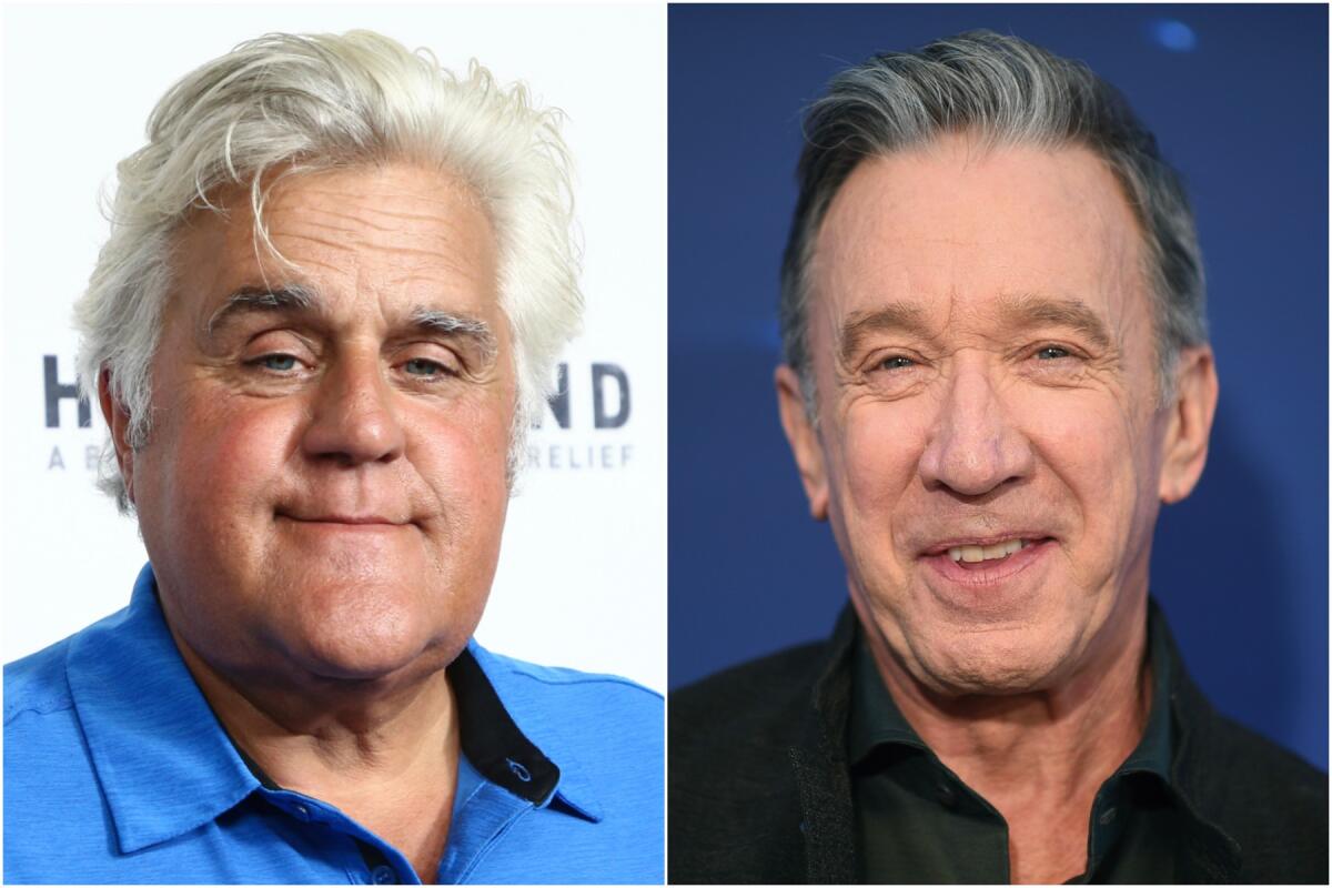 A split image of a man with white hair wearing a blue shirt and a man with gray hair wearing a black shirt
